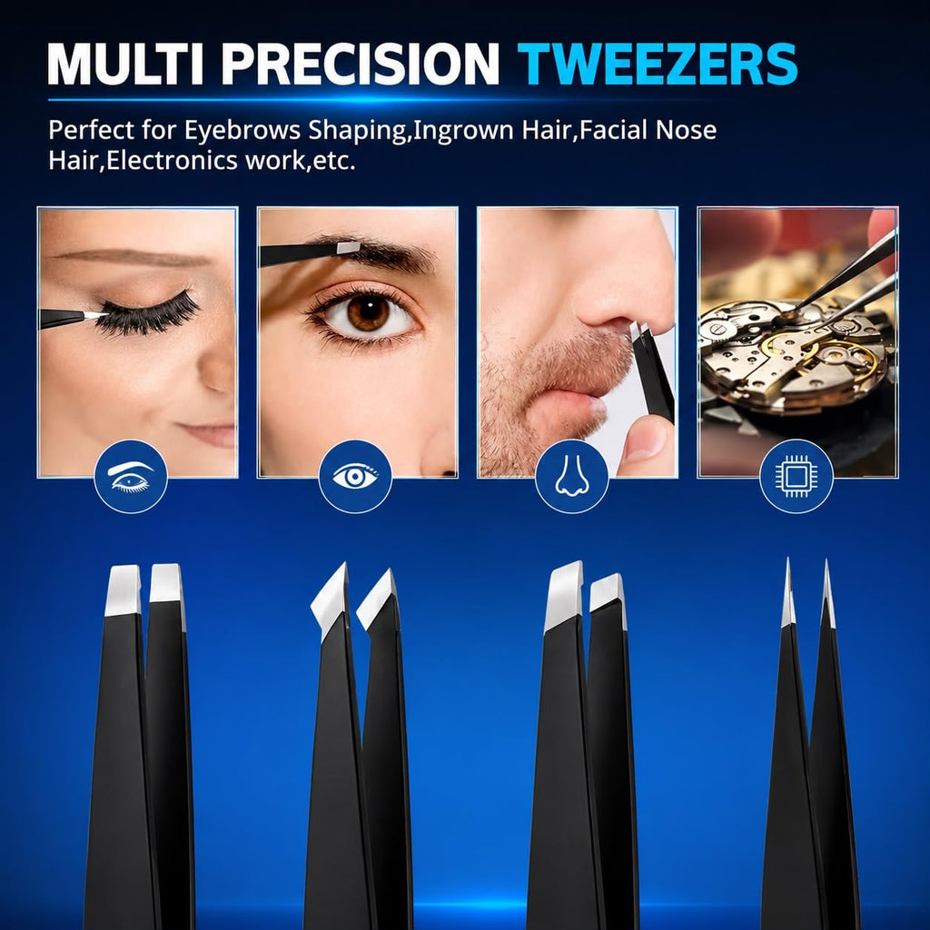 UM Supplies Tweezers Set 4 in 1 Pack l Professional Stainless Steel Tweezers for Eyebrows l Great Precision for Facial Hair, Splinter and Ingrown Hair Removal (Black)