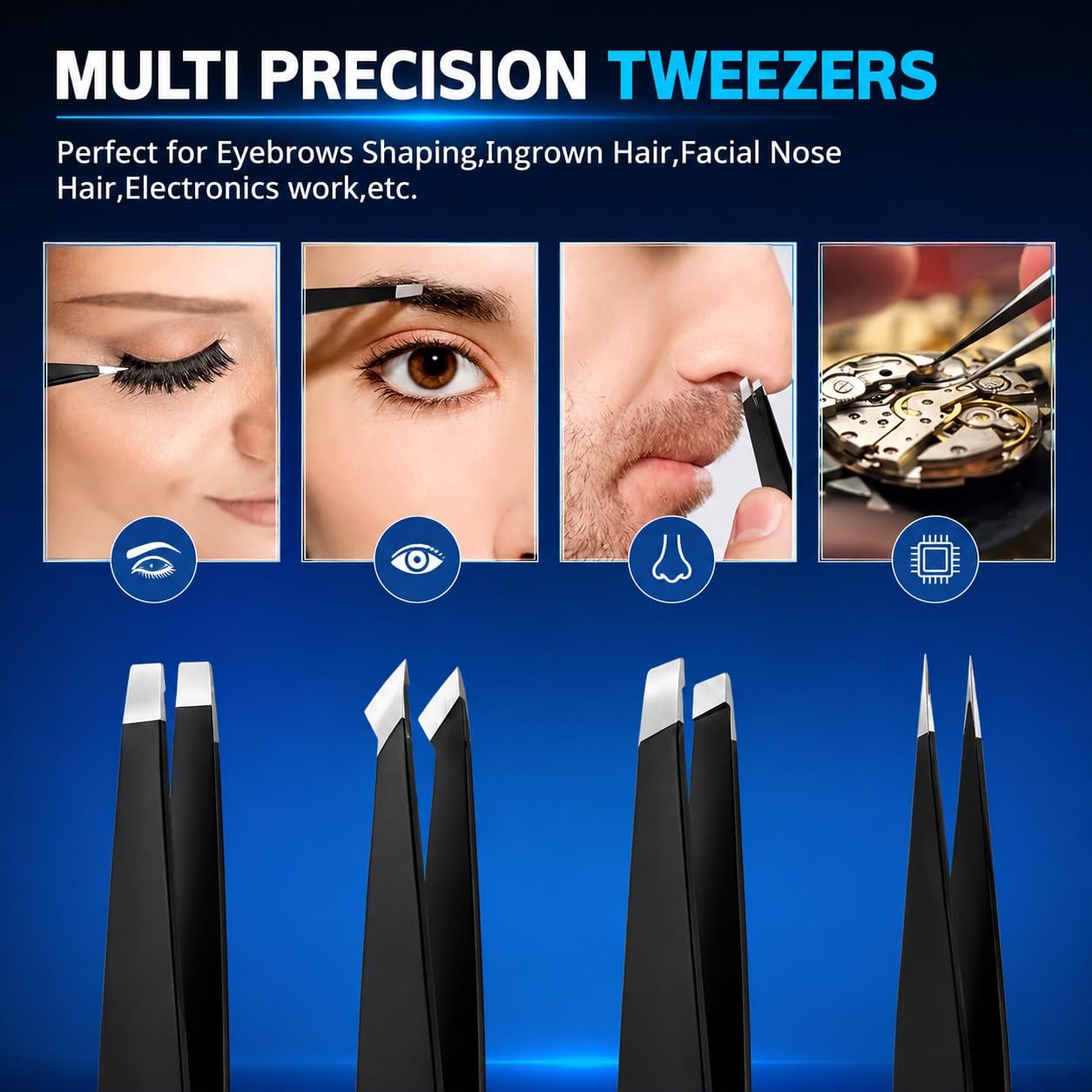 UM Supplies Tweezers Set 4 in 1 Pack l Professional Stainless Steel Tweezers for Eyebrows l Great Precision for Facial Hair, Splinter and Ingrown Hair Removal (Black)