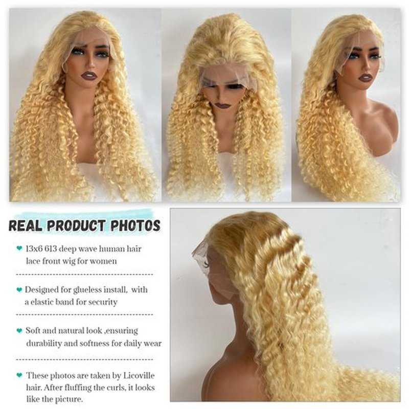Licoville 613 Deep Wave Wig 13x6 Lace Front Wigs Human Hair Pre Plucked 180% Density Blonde Curly Wig HD Transparent Free Part 24 Inch Blonde 613 Frontal Wigs Human Hair for Black Women