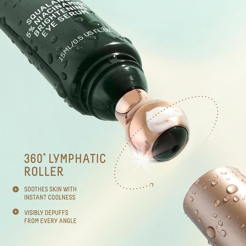 Biossance Squalane Eye Serum - Brightening & Depuffing Treatment with Niacinamide & Caffeine - Stainless Steel Rollerball for All Skin Types