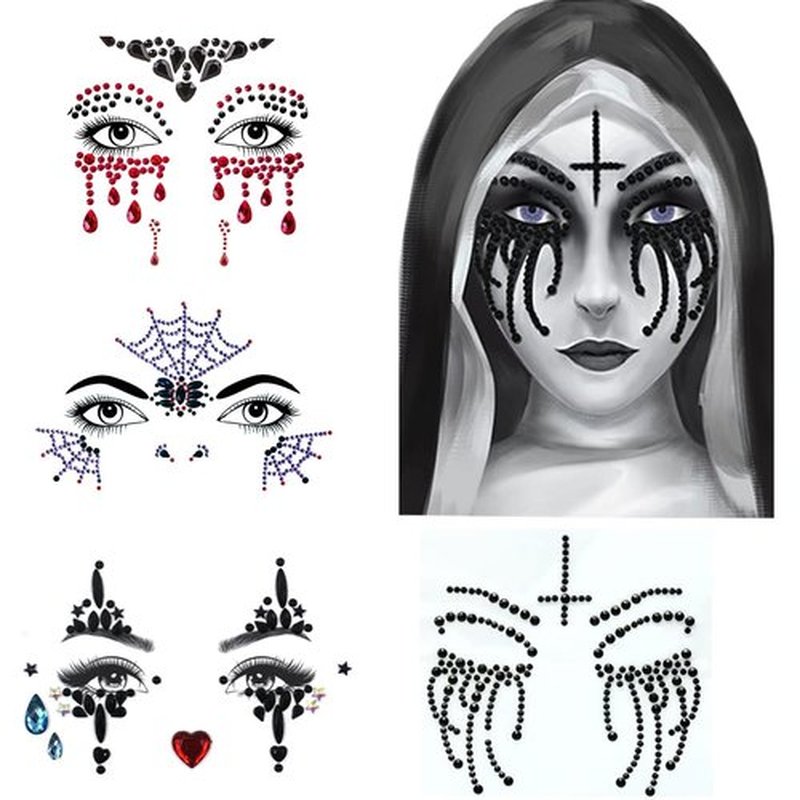 Halloween Face Gems Jewels,Day of the Dead Skull Spider Web Clown Rhinestone Face Tattoo Stickers for Men Women Kids Halloween Cosplay Makeup
