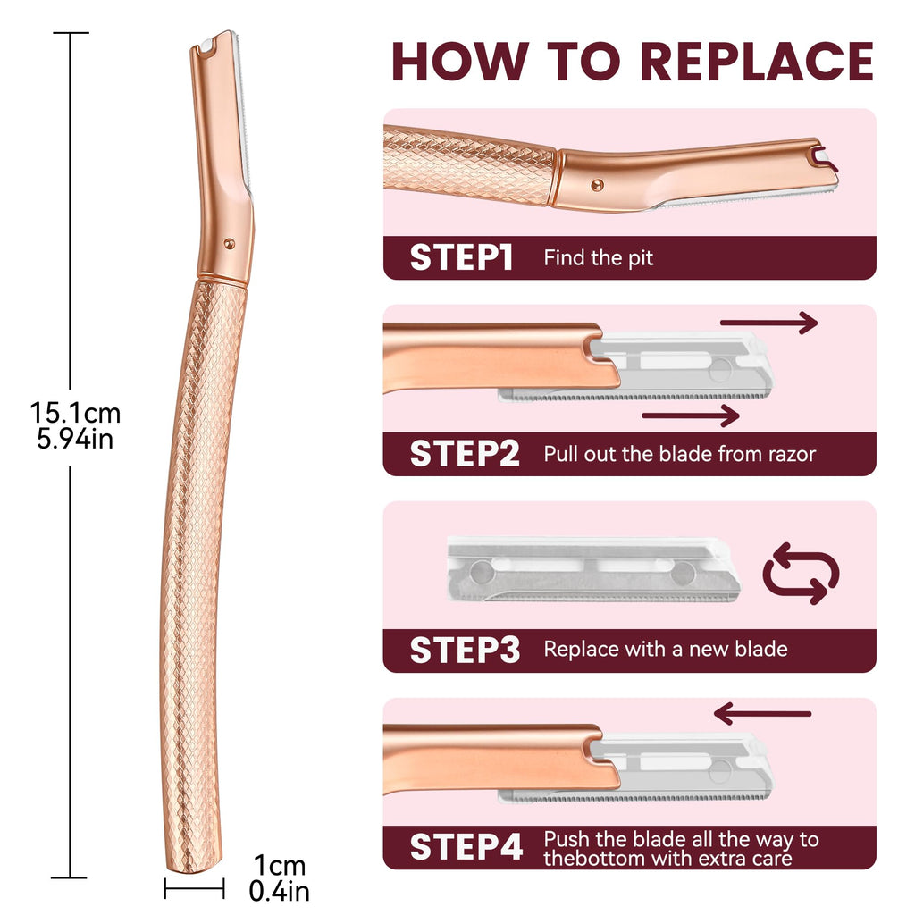 Derloyo Dermaplane Razor for Women Face, 12 Refill Blades, Rose Gold