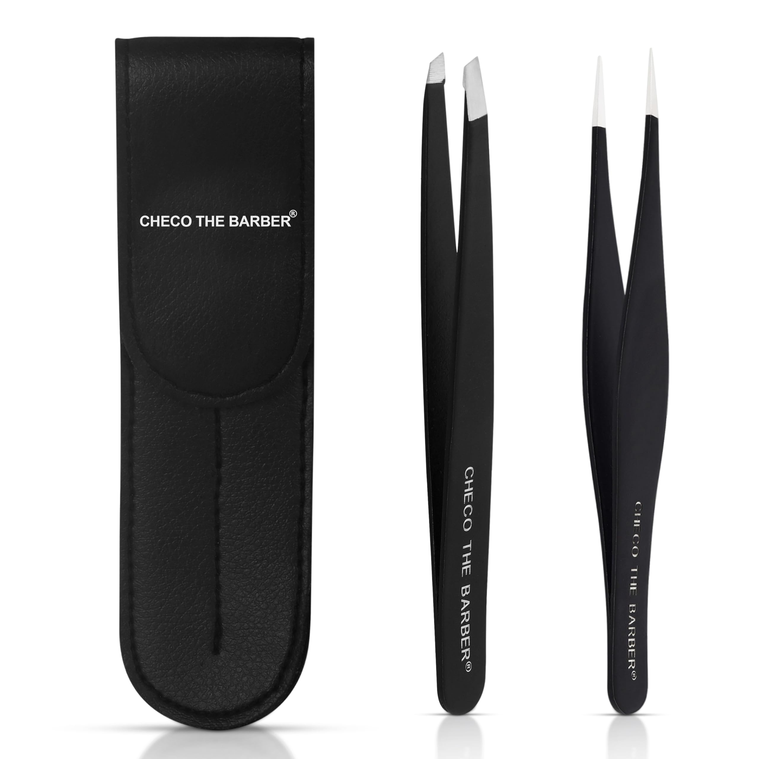 Premium 2-Piece Tweezer Set Hand-Finished Stainless Steel Slant & Pointed Tips for Precise Hair Removal