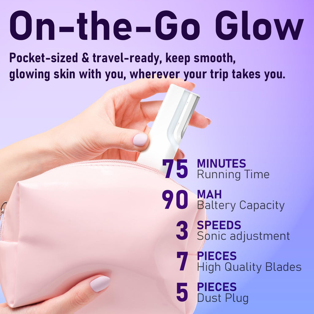 Rechargeable Sonic Dermaplaning Tool for Face - 7 Refill Blades with Travel Storage Bag, Facial Hair & Peach Fuzz Remover for Women (White)