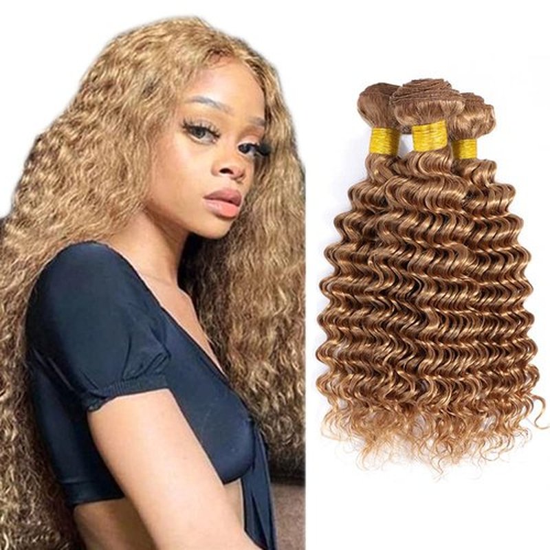 Color 27 Deep Wave Bundles Honey Blonde Human Hair 3 Bundles Brazilian 100% Unprocessed Virgin Extensions Double Weft Bundle 14 16 18 Inch
