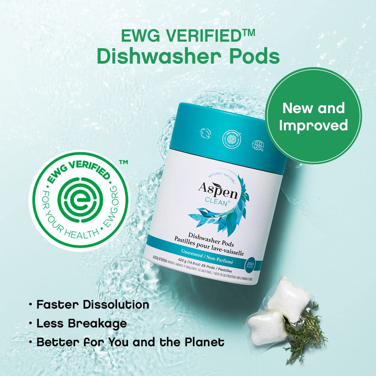 AspenClean | Unscented Dishwasher Pods | Cuts Grease and Grime | Zero Plastic | Non - Toxic | 100% Natural Dishwasher Detergent | EWG Verified - 28 Count
