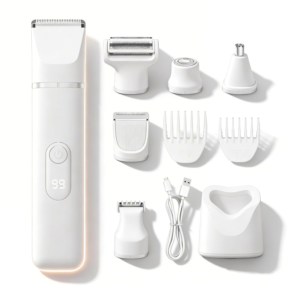 Bikini Trimmer for Women, 5-in-1 Electric Razor for Women, Painless Pubic Hair Trimmer & Body Shaver, IPX7 Waterproof Cordless Rechargeable Grooming Kit for Face, Leg, Underarm, Sensitive Skin, White