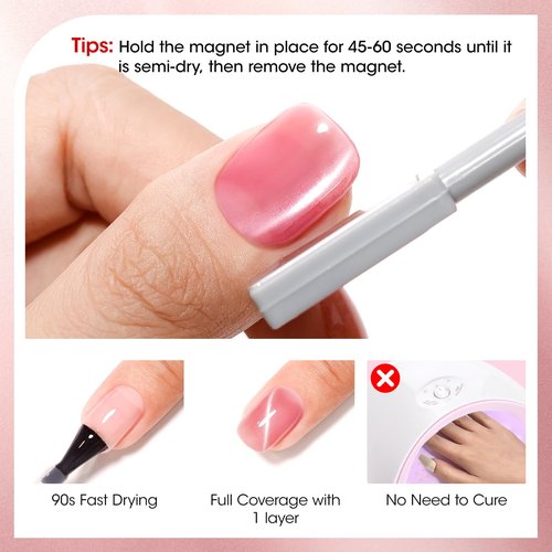 GELLEN Quick Dry Cat Eye Nail Polish, Magnetic Pink Fingernail Polish, Fast Drying Glitter Holographic Nail Polish Non Gel with Magnet Tool, DIY Salon Home, Valentine's Gift for Her