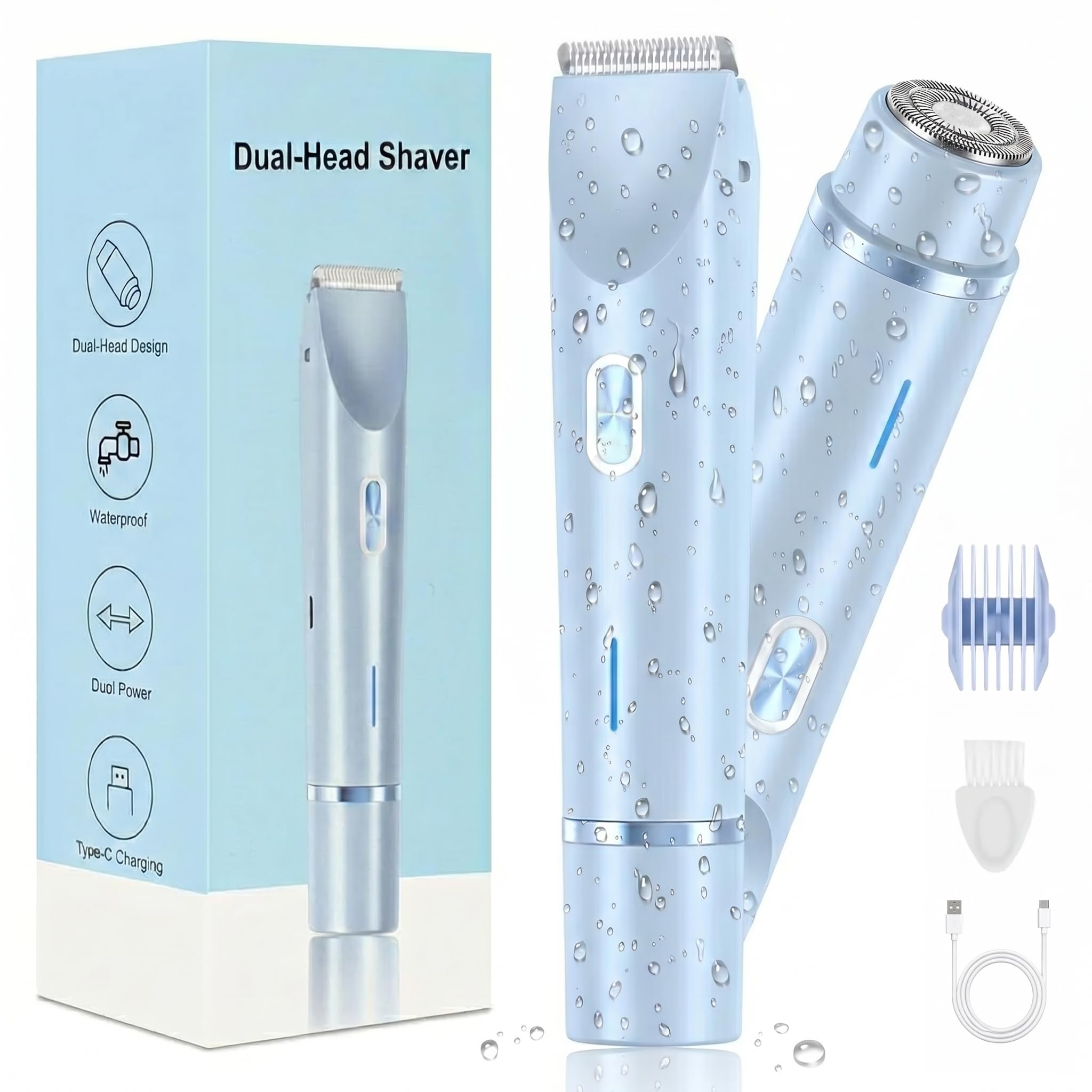 Bikini Trimmer for Women-2 in 1 Dual Head Bikini Shaver & Body Shaver,IPX7 Cordless & Waterproof Electric Shaver Wet & Dry Use,Painless Hair Removal,Ceramic Blade,Ultra Low Silent (Blue)