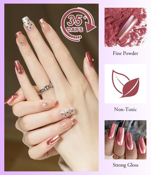 LEDSUUEI Chrome Nail Powder - Super Mirror Effect Metallic Holographic Aurora Iridescent Pearlescent Rose Gold White Pearl Chrome Nail Powder for Nails Salon DIY
