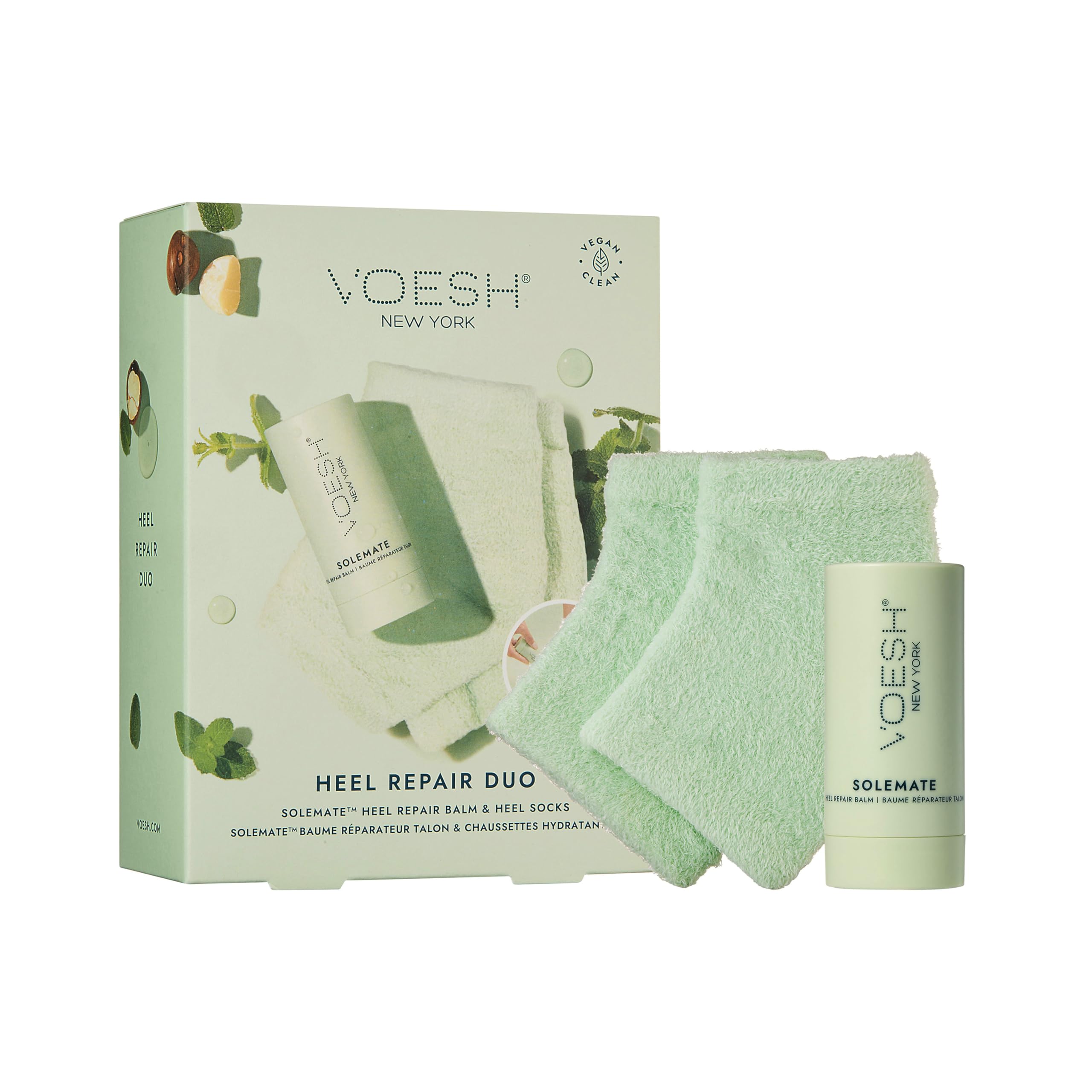 VOESH Heel Repair Duo, Solemate Heel Repair Balm & Moisturizing Heel Socks, Cracked Heel Stick Balm, Foot Care for Men & Women, at-Home Foot Care, Fuzzy Heel Socks, Toeless Spa Socks