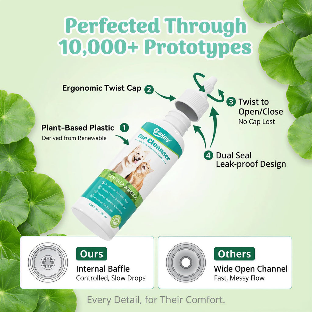 Cabishy Dog & Cat Ear Cleaner for Itchy, Smelly Ears – Gentle Ear Wax Removal & Soothing Ear Wash with Centella Asiatica, Alcohol-Free Pet Ear Cleaning Solution for Dogs & Cats (4oz)