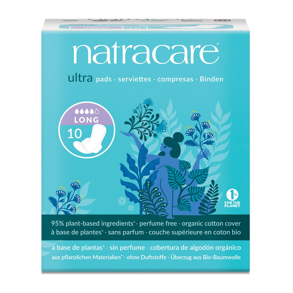 Natracare Slim Fitting Ultra Pads with Wings, Long, Made with Certified Organic Cotton, Ecologically Certified Cellulose Pulp and Plant Starch (1 Pack, 10 Pads Total)