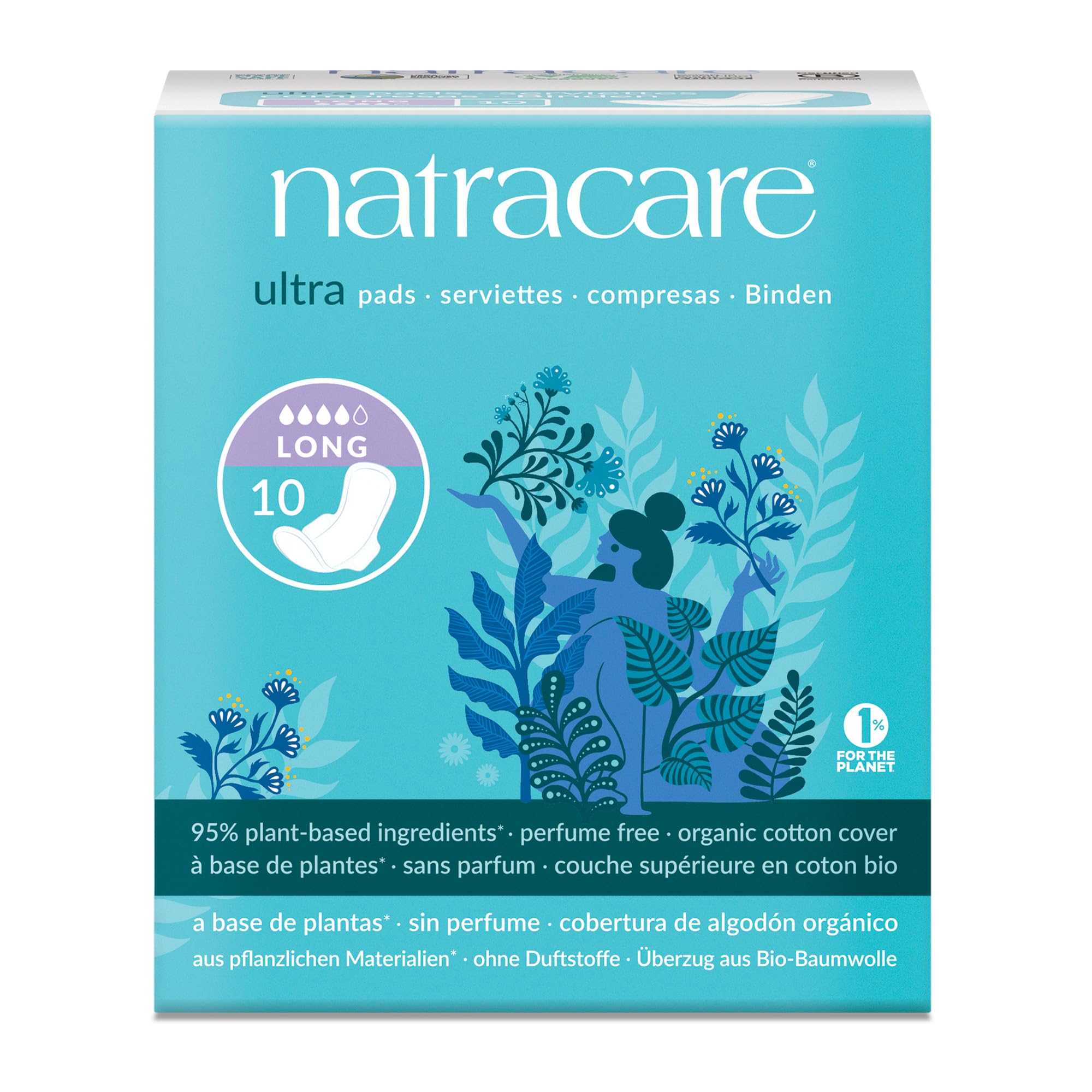 Natracare Slim Fitting Ultra Pads with Wings, Long, Made with Certified Organic Cotton, Ecologically Certified Cellulose Pulp and Plant Starch (1 Pack, 10 Pads Total)
