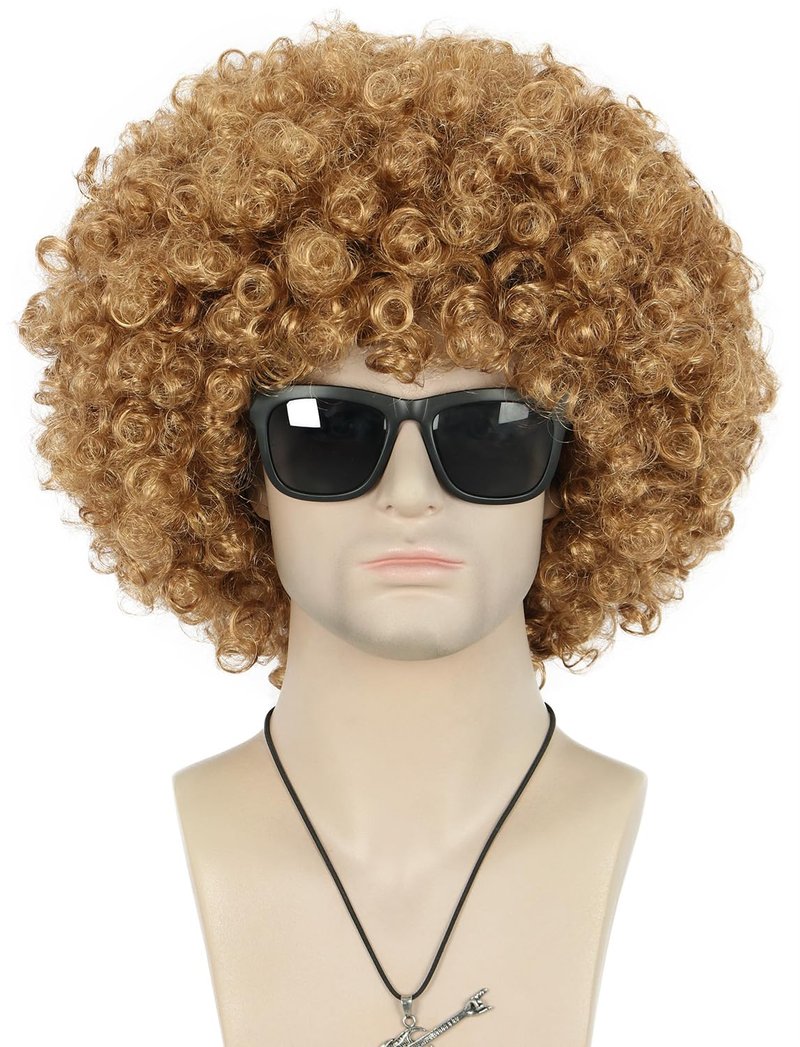 VGbeaty Adult Unisex 60s 70s 80s Short Golden Curly Afro Synthetic Disco Rocker Hippies Hair California Halloween Cosplay Anime Costume Wig (Golden)