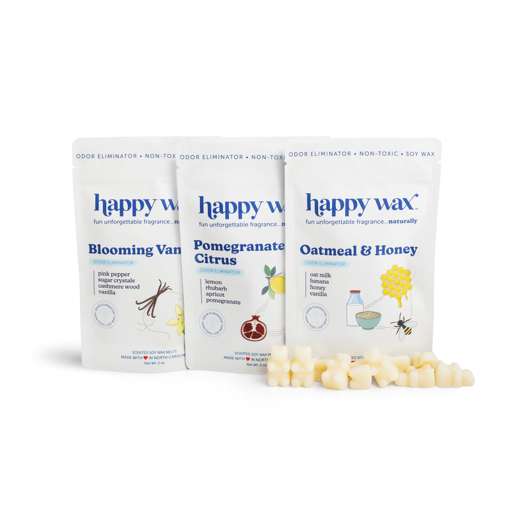 Happy Wax Odor Eliminating Scented Soy Wax Melts – Pet-Safe, Non-Toxic, Use with Wax Warmers - for Home Fragrance & Freshness - 6 Total Oz: Oatmeal & Honey, Pomegranate Citrus and Blooming Vanilla