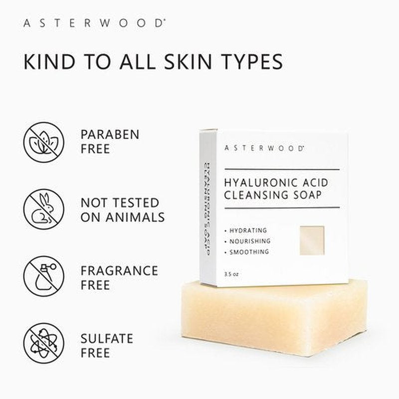 Asterwood Hyaluronic Acid Cleansing Face Soap - Collagen Boosting, Hydrating, Plumping, Soothing - Fragrance-Free - Suitable for Sensitive Skin - 3.5 Oz