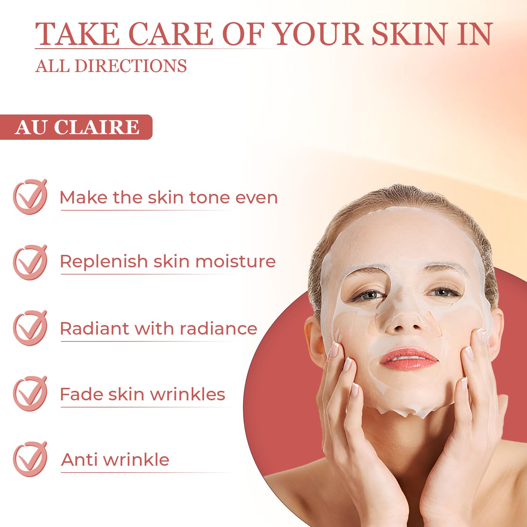 AU CLAIRE Deep Collagen Face mask, Hydrating Anti-wrinkle Lifting mask for All Skin Types, 34g x4ea