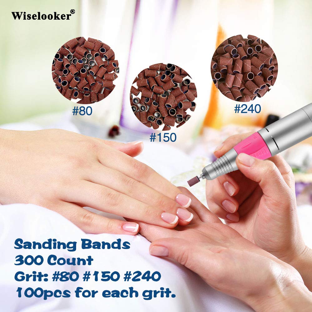Wiselooker 300pcs Sanding Bands Nail Buffers for Menicure #80#150#240 Coarse Meduim Fine Grit Professional for Acrylic Nail Drill Efile Drills Dremal Machine