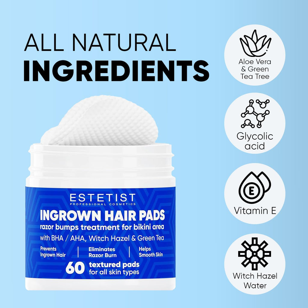 ESTETIST Ingrown Hair Pads, Razor Bump Stopper & Exfoliating Treatment Wipes with AHA BHA, For Bikini, Legs, Underarms, Face - Targets Strawberry Legs, Scars, Irritation, 60 Count