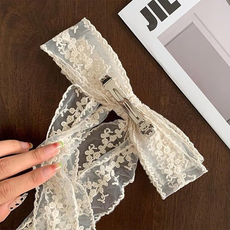 Large Lace Hair Bow Clips for Women Girls | Off White Lace Bows for Hair Weighs Only 0.6 Oz | Cute Beige Hair Decor for Wedding Pageant Prom Party Birthday Party Communion Bridal Shower (2 Pack)