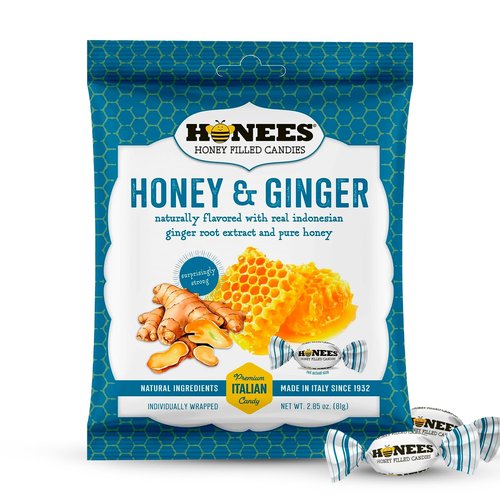 Honees Honey & Ginger Hard Candy - Natural Italian Treat with Real Honey & Ginger | 2.85 oz Pack