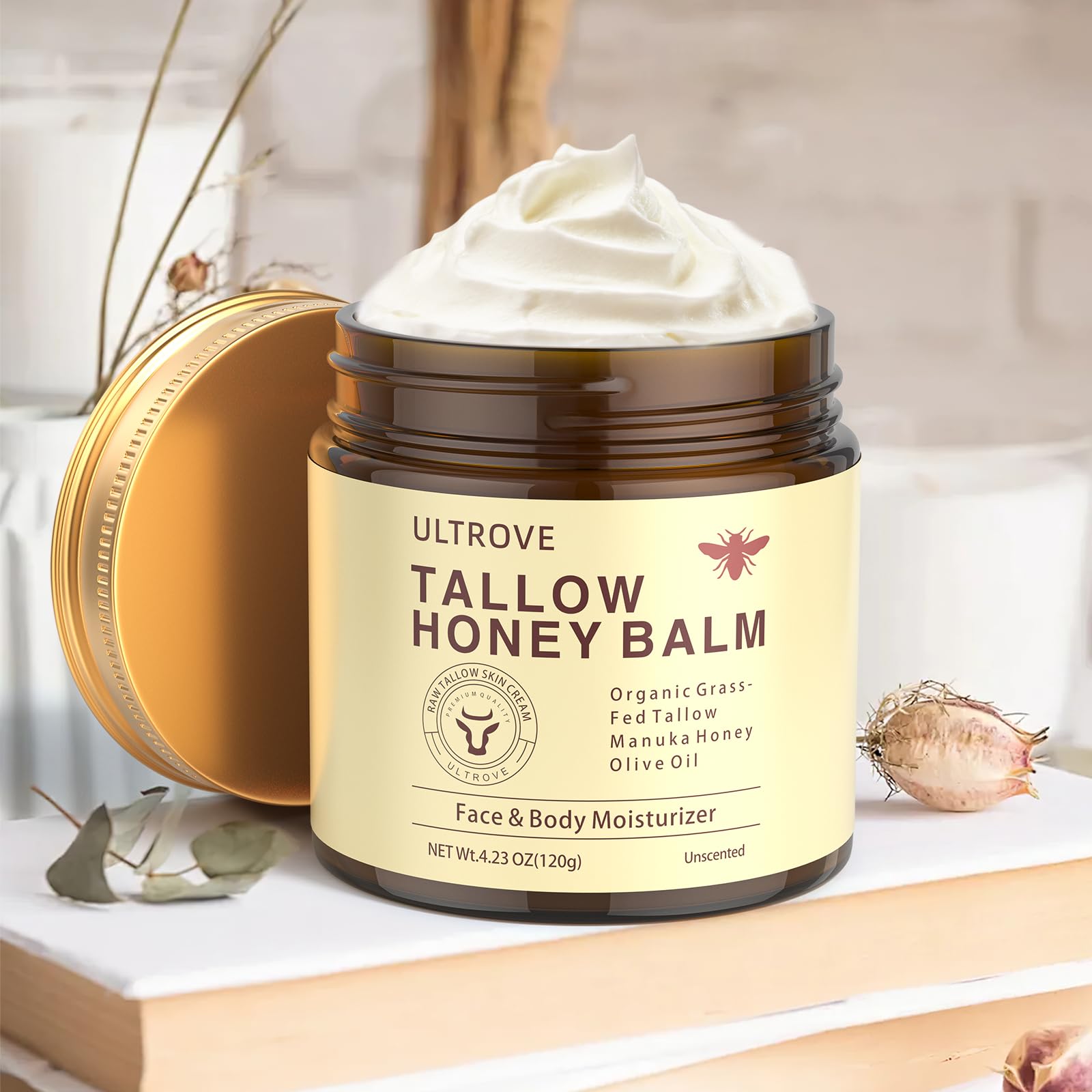 Ultrove Beef Tallow and Honey Balm for Skin, Natural Face + Body Moisturizer with Organic Grass-Fed Beef Tallow & Raw Wild Honey for Dry & Sensitive Skin, 4.23oz