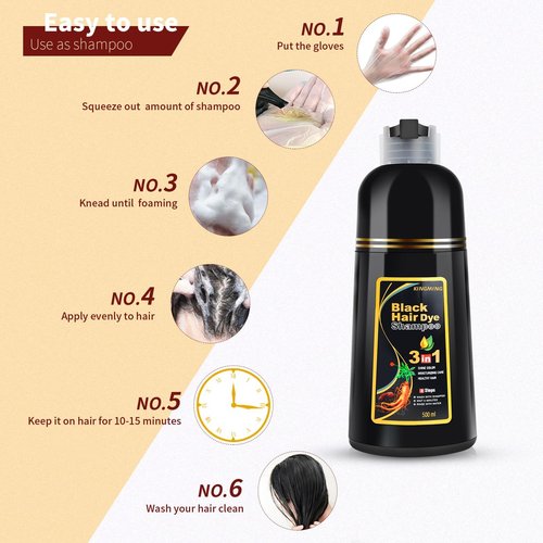 KINGMING Black Hair Dye Shampoo for Gray Coverage, 3 in 1 Herbal Instant color with 100% Cover for Women & Men (500ml)