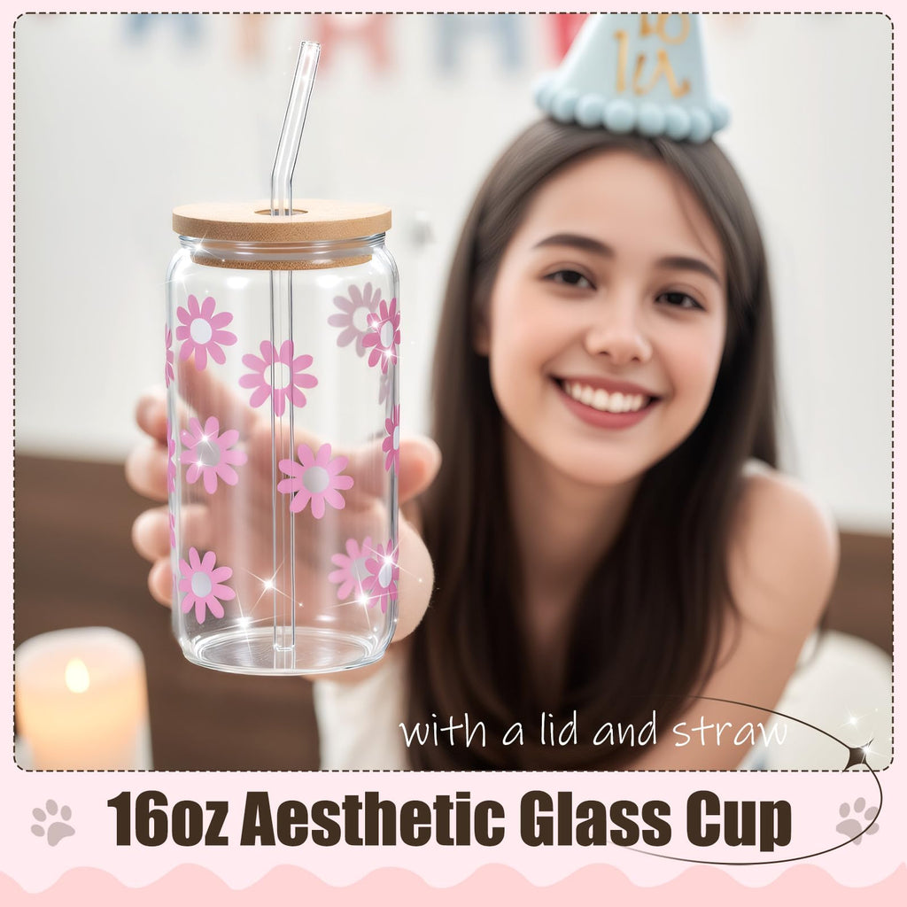 HIDDEN NUTS Birthday Gift for Teen Girls, Happy Birthday Box for Girl, Cute Preppy Stuff for Tween Girls, Christmas, Cute Daisy Aesthetic Glass Cups Tumbler Teen Gals Gifts Set 8pcs