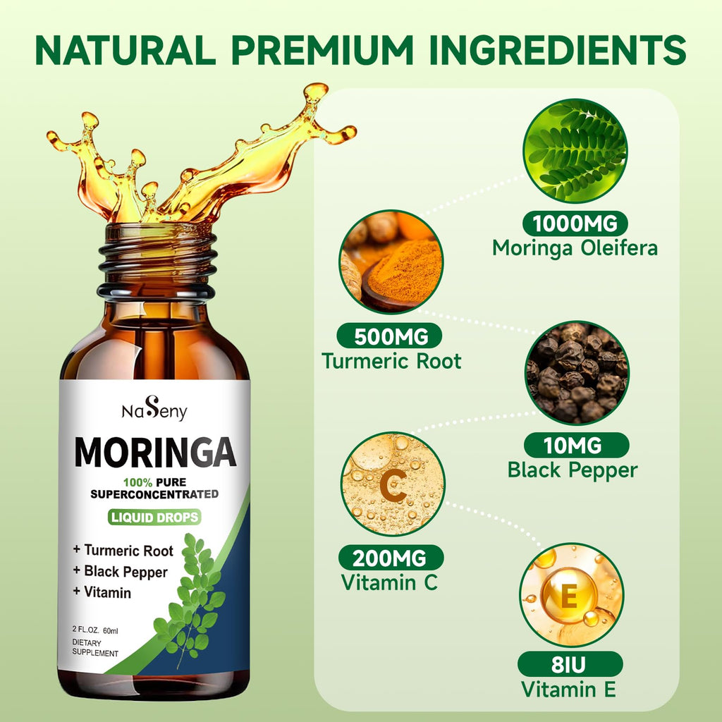 NaSeny Organic Moringa Oleifera Liquid Drops, 1000mg Moringa Leaf Extract w. Turmeric, Black Pepper, Moringa Supplement for Energy, Antioxidant, Joint & Gut, Fast Absorption, Vegan, Non-GMO, 2 Fl Oz