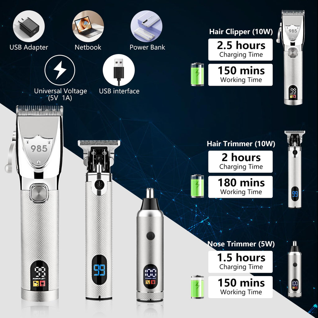 Adaife Professional Hair Clippers for Men, Electric Cordless Clippers and Trimmers Set, Nose Hair Beard Trimmer, Hair Cutting Barber Clippers with Guards, T Liners Edgers Clippers for Mens (Silver)