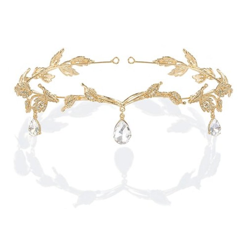 BABEYOND Crystal Leaf Wedding Diadem Headband Bridal Bridesmaid Forehead Band Rhinestone Bridal Tiara Crown with Gift Box, Gold, One size