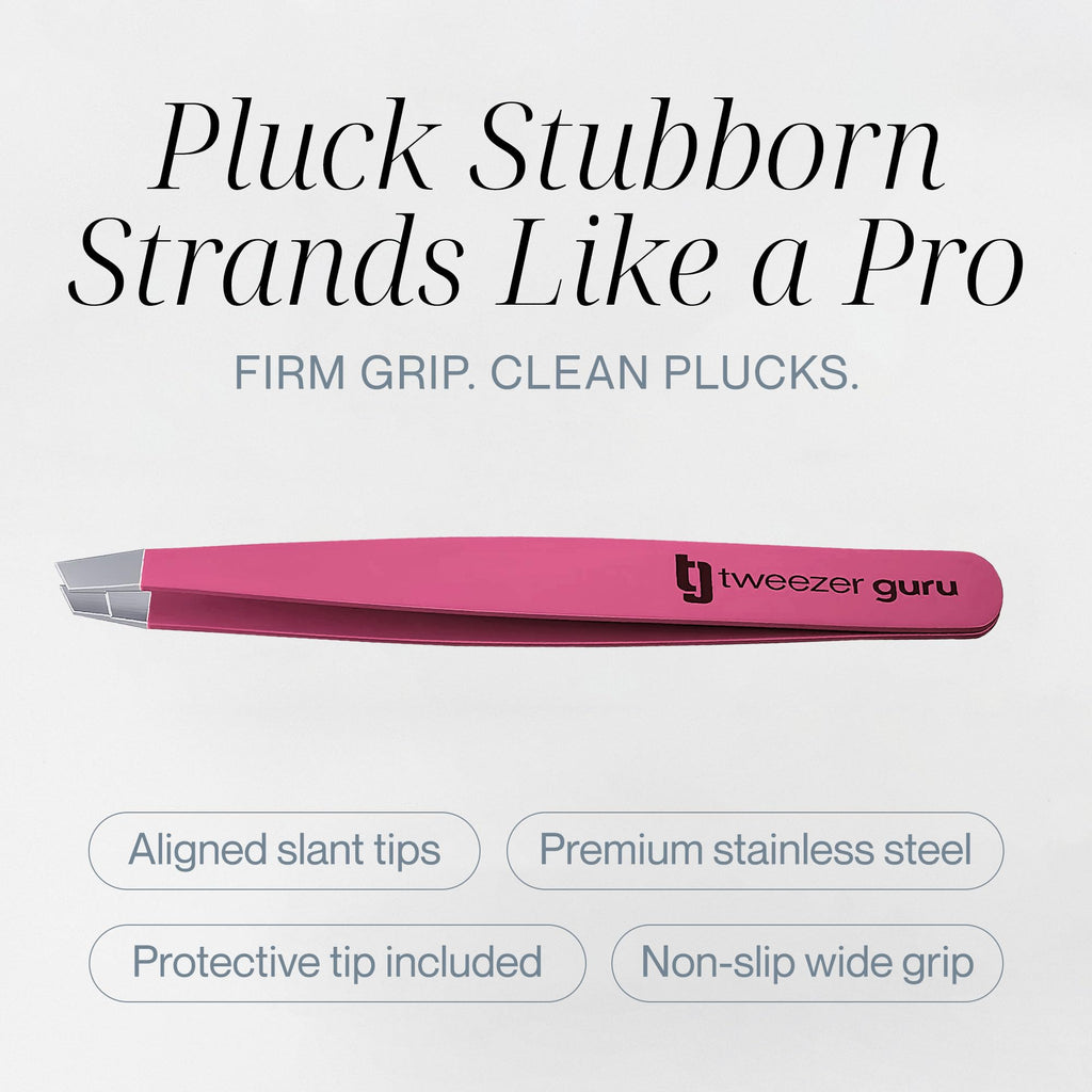 Tweezer Guru Tweezers for Women Facial Hair & Men – Precision Slant-Pointed Eyebrow Tweezer for Ingrown Hair, Blackhead & Splinter Removal (2 Pink)