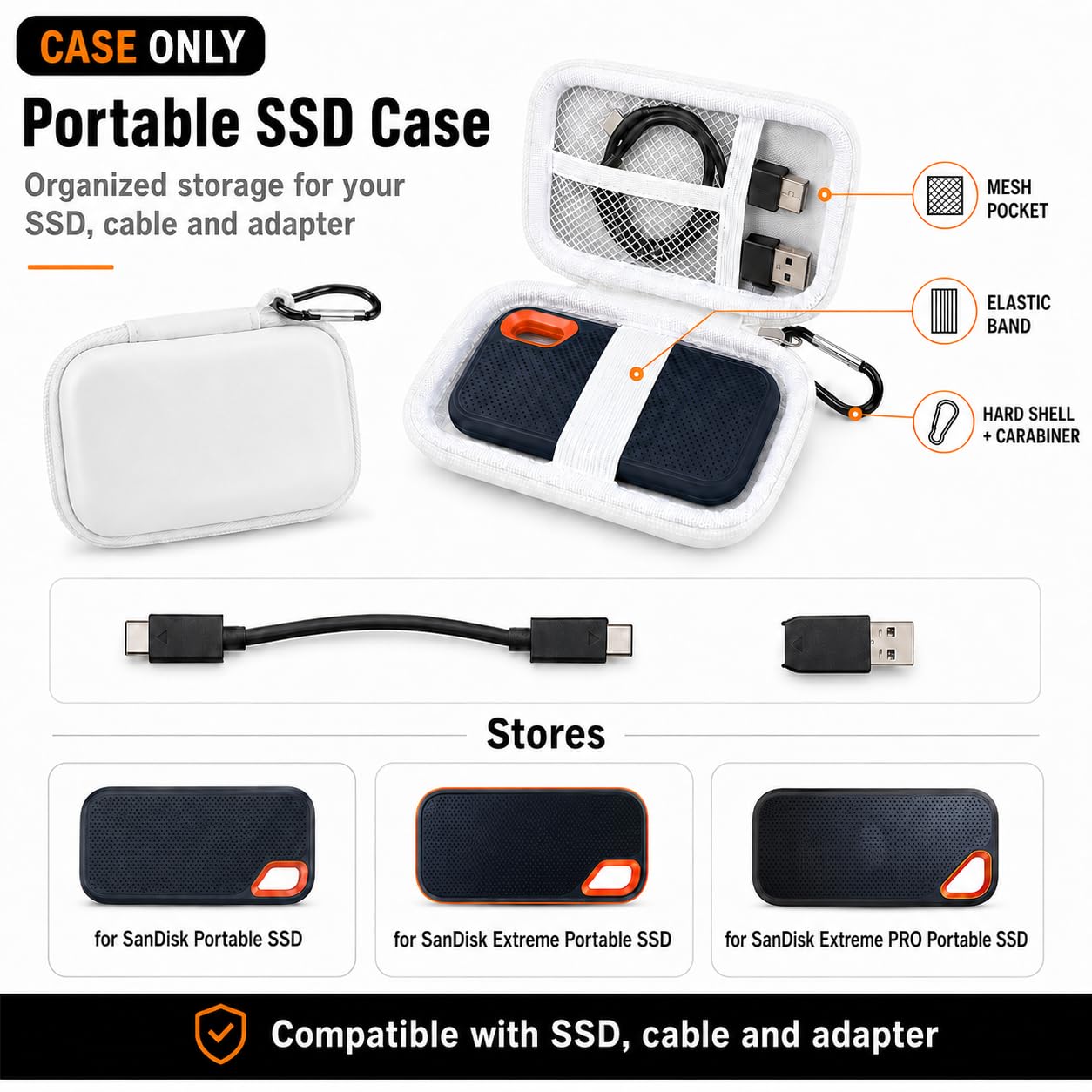 Case for SanDisk Extreme Portable SSD & Extreme PRO, Hard Shell Protective Storage Bag with Carabiner, Fits 1TB 2TB 4TB 8TB External Solid State Drive (White, for Sandisk V2)