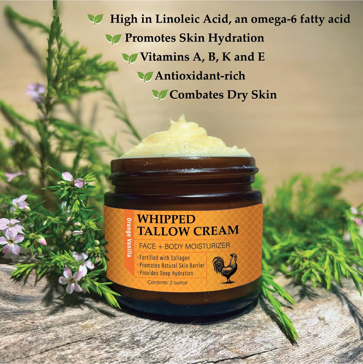 Pollo Gold Whipped Chicken Tallow Cream – Collagen-Rich Organic Face & Body Moisturizer with Olive & Essential Oils | Handmade in USA | For All Skin Types – 2 oz (Lavender Vanilla)