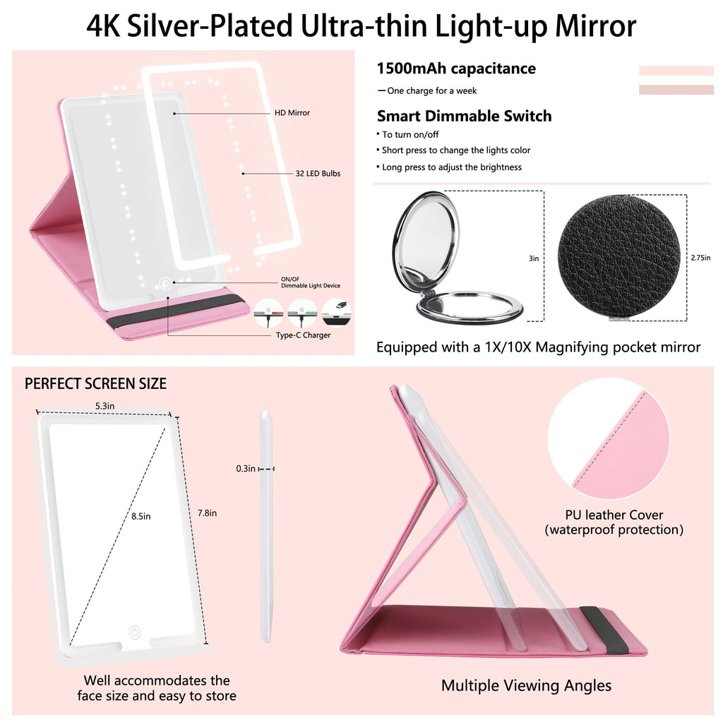 WangSelect Travel Makeup Bag with Light-up Mirror Portable Cosmetic Organizer Train Case with Adjustable Dividers & Brushes Holder &1X/10X Magnifying Compact Mirror & Eyebrow Trimmer- Pink