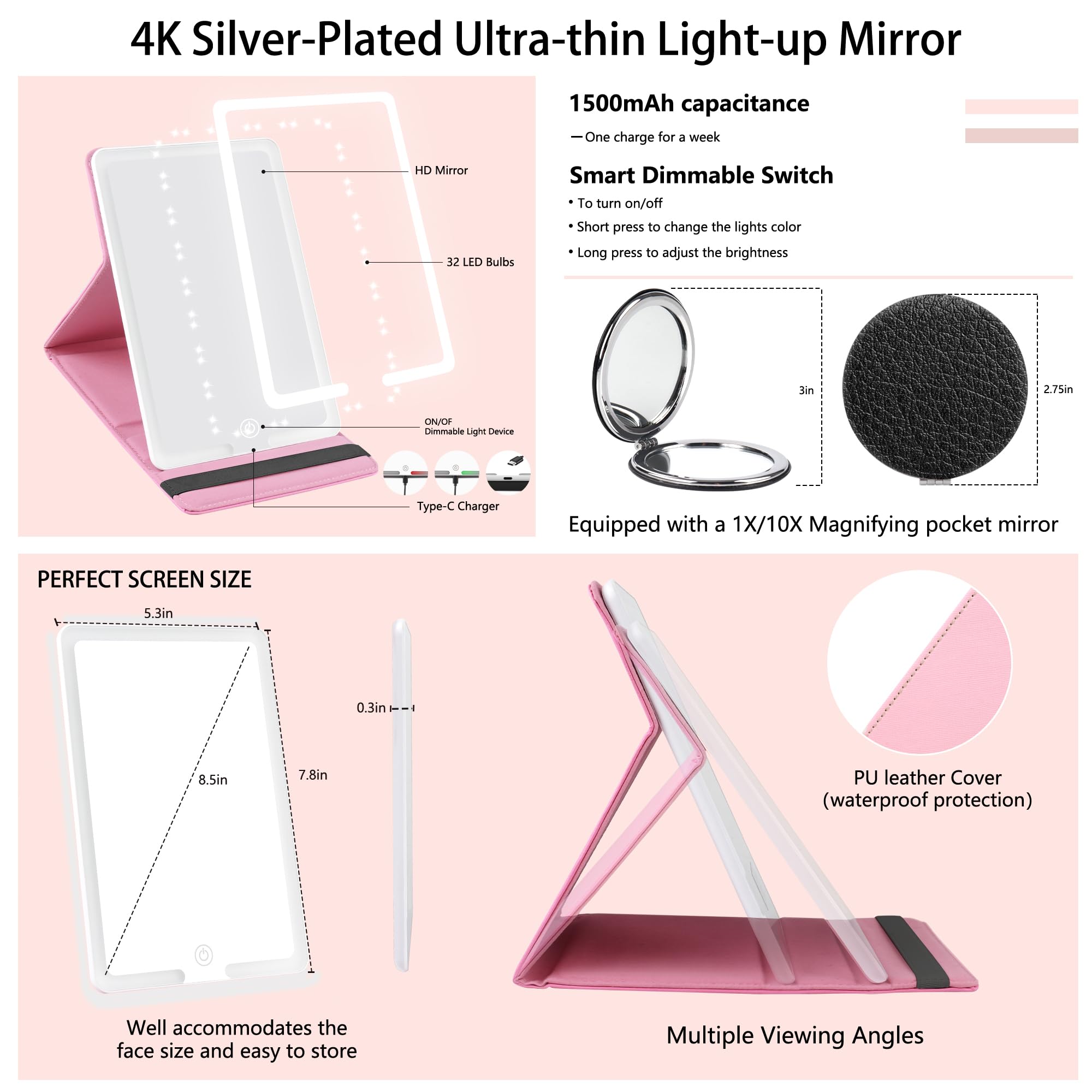 WangSelect Travel Makeup Bag with Light-up Mirror Portable Cosmetic Organizer Train Case with Adjustable Dividers & Brushes Holder &1X/10X Magnifying Compact Mirror & Eyebrow Trimmer- Pink