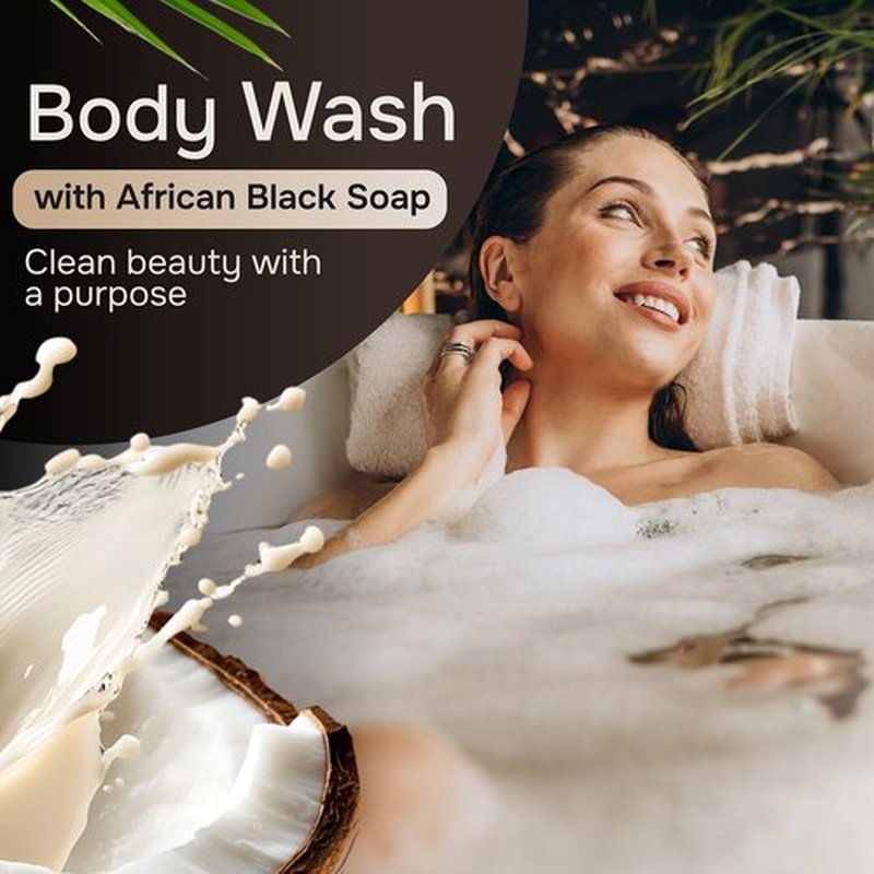 Natural Wunderz African Black Soap Body Wash, 12 oz – Sulfate‑Free, Vegan Cleanser with Shea Butter – Soothing, Detoxifying Shower Gel for Men & Women