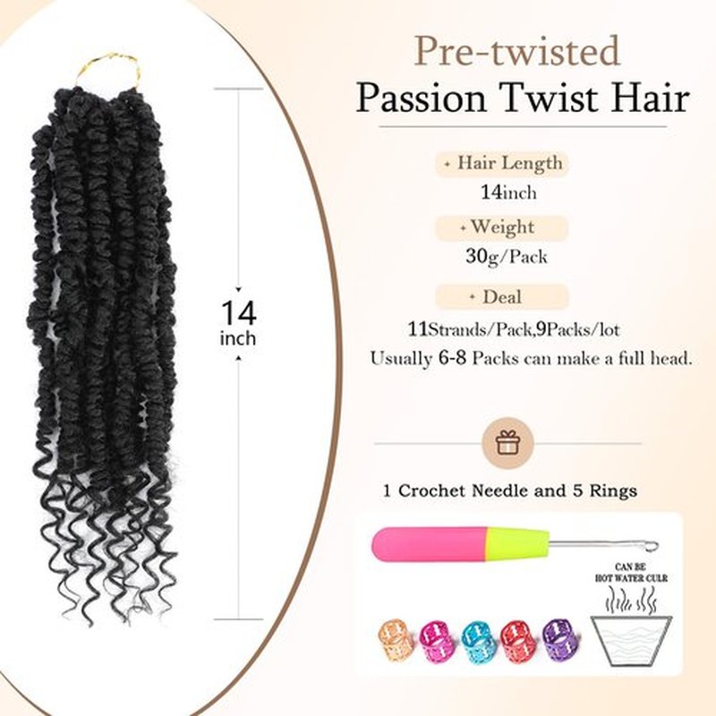 Passion Twist Crochet Hair,14 Inch 9 Packs Pretwisted Passion Twist Hair, Soft Pre Looped And Pre twist Crochet Hair For Women,Black Curly Crochet Braids(14in,1B#)