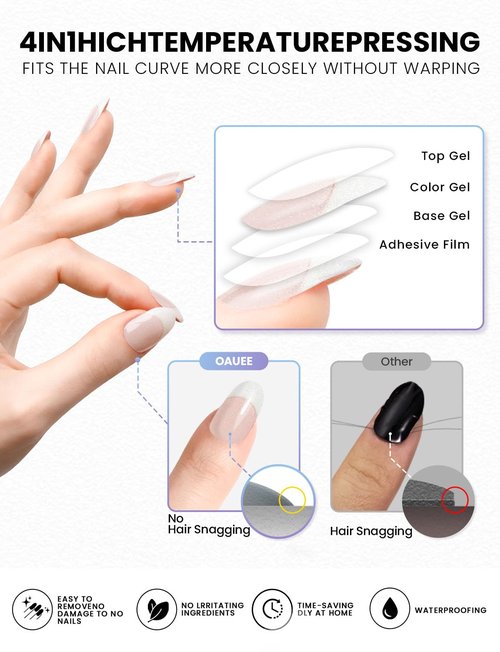 Oauee Semi Cured Gel Nail Strips | Built-In Gel Top Coat | UV Light Required | Salon Quality, Easy Application And Removal (Shining French style)