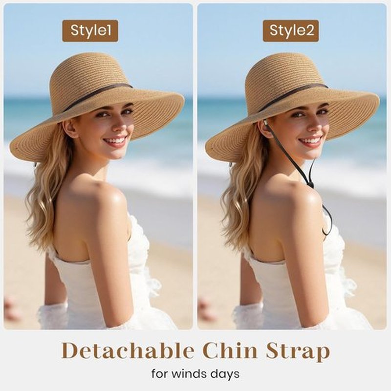 Sun Hats for Women - UPF 50+ Straw Beach Hat with Wide Brim for Summer Travel