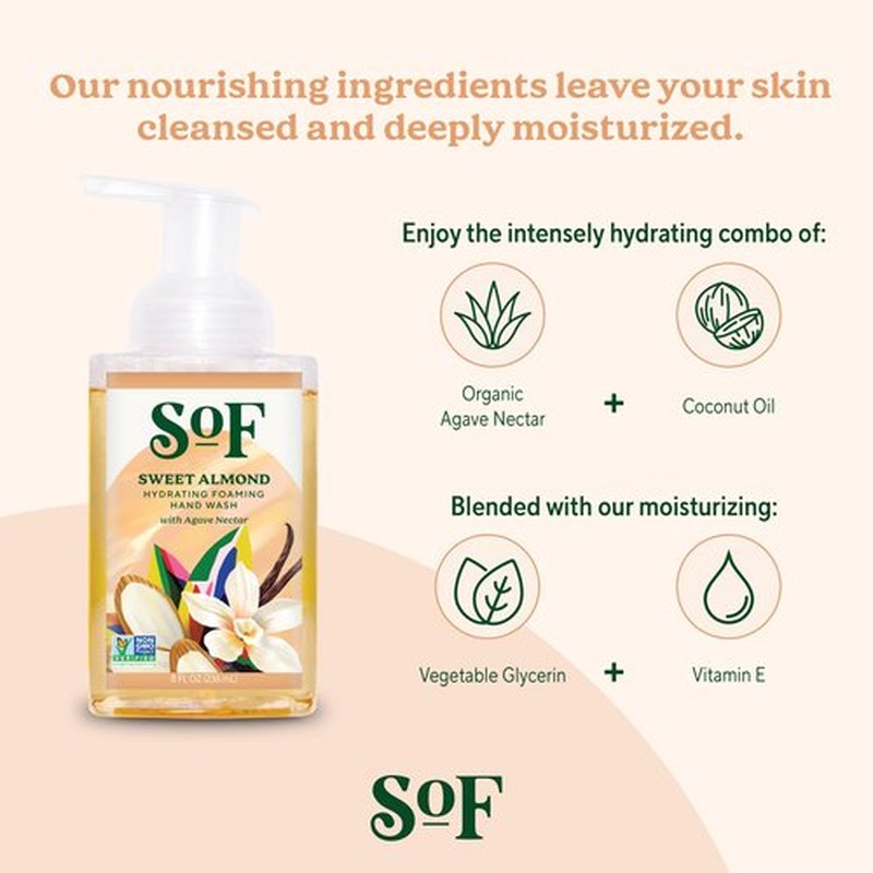 SoF Hydrating Foaming Hand Wash - With Organic Agave Nectar & Coconut Oil- Vegan & Non GMO- Free From Phthalates, Sulfates & Parabens- Sweet Almond - 8 oz Bottle 6 Pack