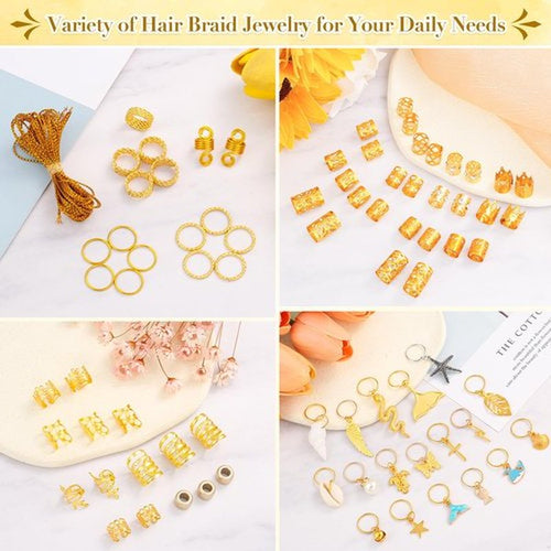 255 PCS Gold Hair Jewelry for Braids, 38 Styles Loc Hair Charms for Women Men, Metal Hair Cuffs Rings Clips for Dreadlock Accessories Hair Braids Jewelry Decorations(Gold)