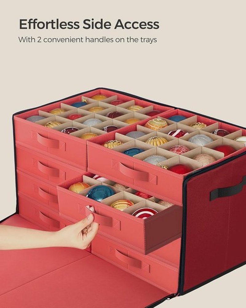 SONGMICS Large Christmas Ornament Storage Box - Stackable Container with 128 Slots & Lid, Cherry Red