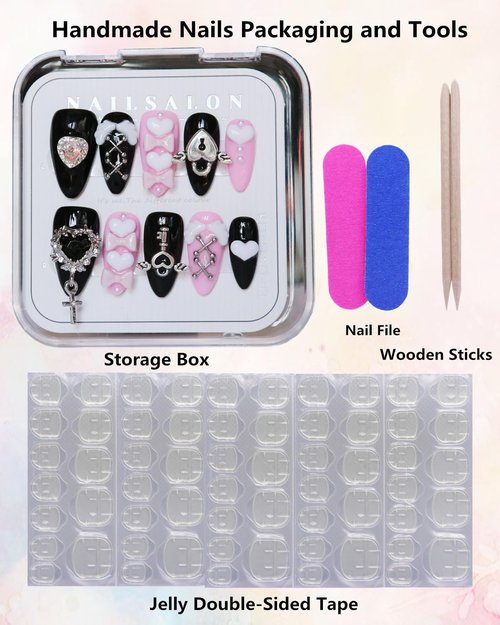 CAMILCY Press on Nails Handmade Nails Luxury Reusable Fake Nails For Girls Short Almond Armor Black Pink Diamonds HandPainted Salon Loveful Design Acrylic Gel UV Finished For Women 3D Nails 10PCS M