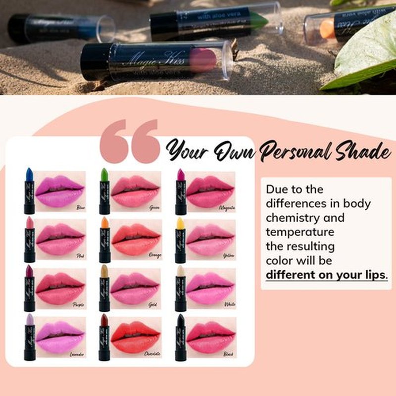 Magic Kiss Pack of 12 Color Changing Aloe Vera Lipstick Set Made in USA (Colors of Aloha 03)