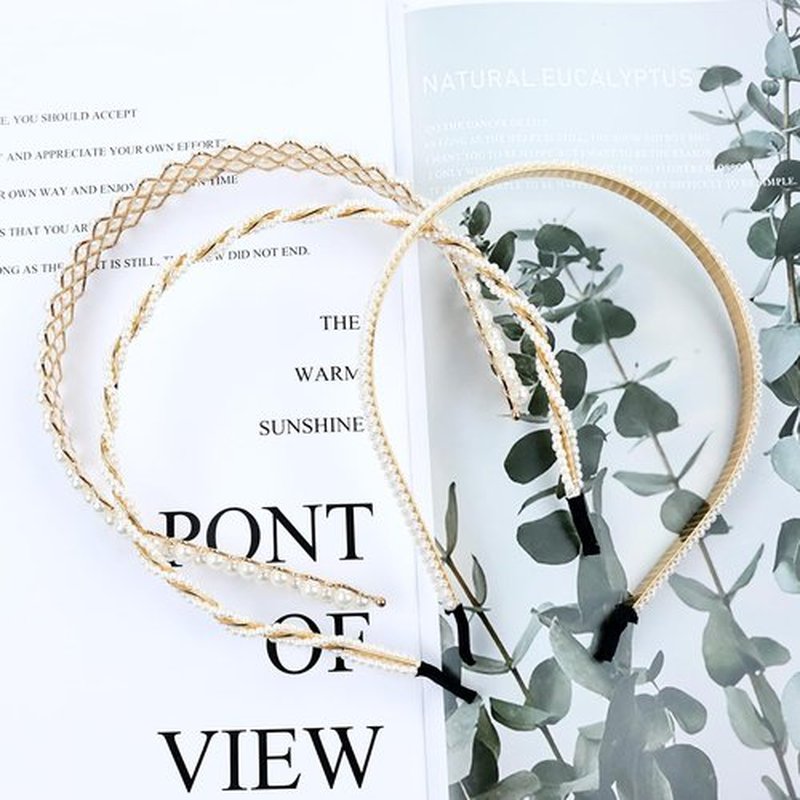 Cinaci 8 Pieces Decorative Gold Wedding Birthday Party Prom Artificial Pearl Headbands Bling Beaded Hair Tiaras Hoops Headpieces Accessories for Women Girls Teens Kids