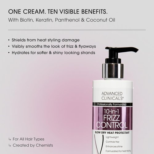 Advanced Clinicals 10-in-1 Anti-Frizz Hair Cream - Hydrating Heat Protectant for Dry, Damaged Hair | 7.5 Fl Oz