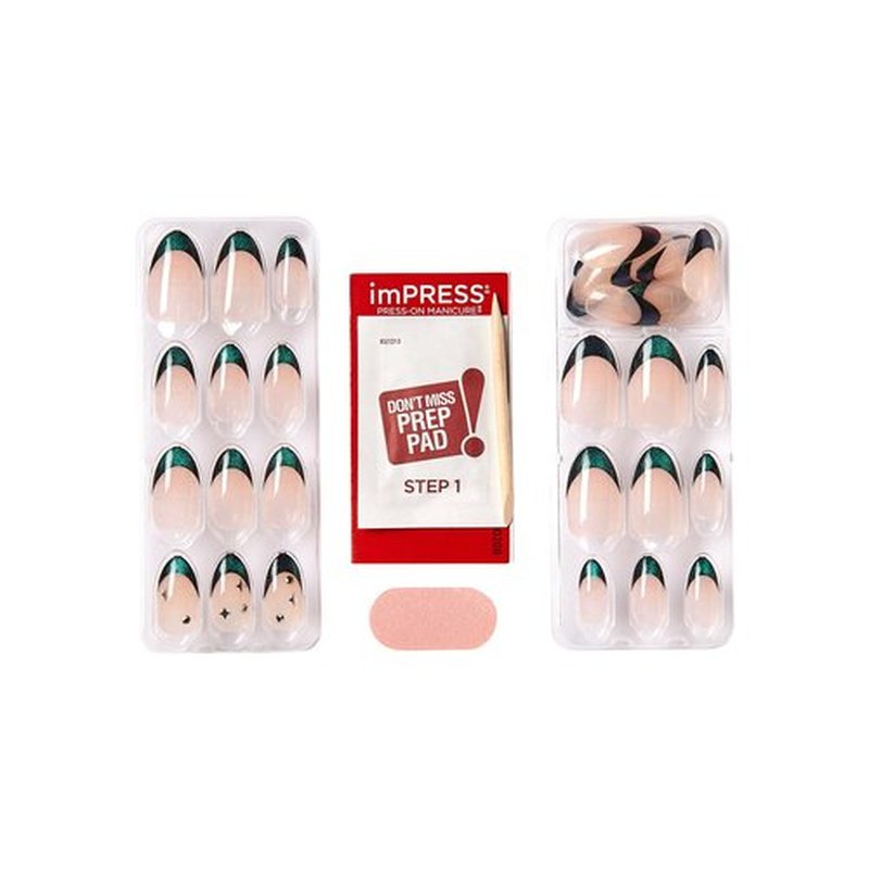 KISS imPRESS No Glue Mani Press On Nails, Premium, 'Visions', Green, Medium Size, Almond Shape, Includes 30 Nails, Prep Pad, Instructions Sheet, 1 Manicure Stick, 1 Mini File