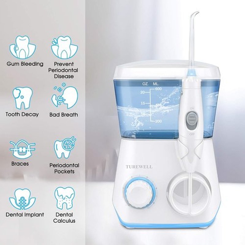 TUREWELL Water Flosser - 600ML Electric Oral Irrigator with 10 Adjustable Pressure Settings | 8 Jet Tips for Family Use (White)